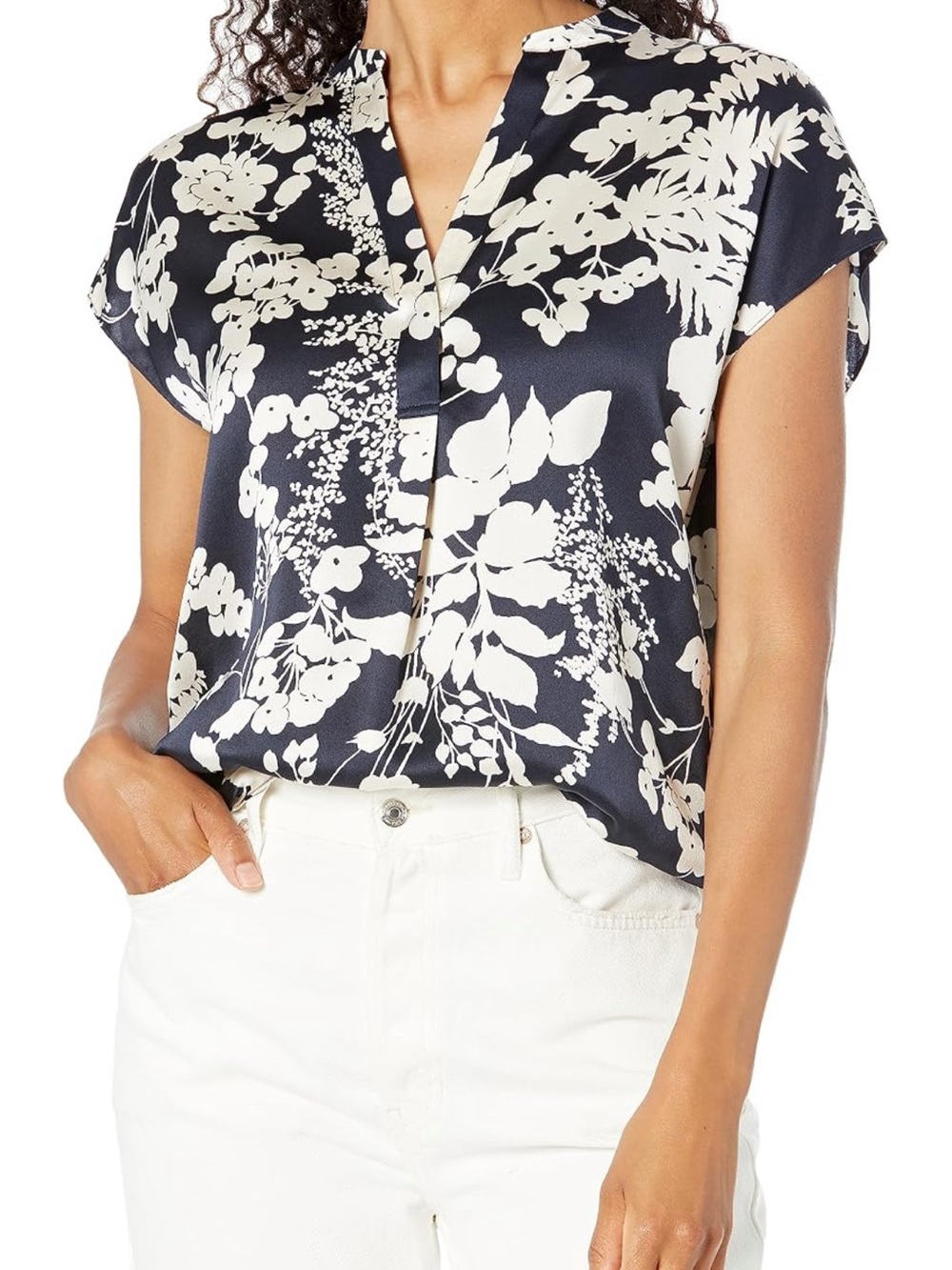 100% Silk Vince Women's Arboretum Cap Sleeve Band Collar size Small